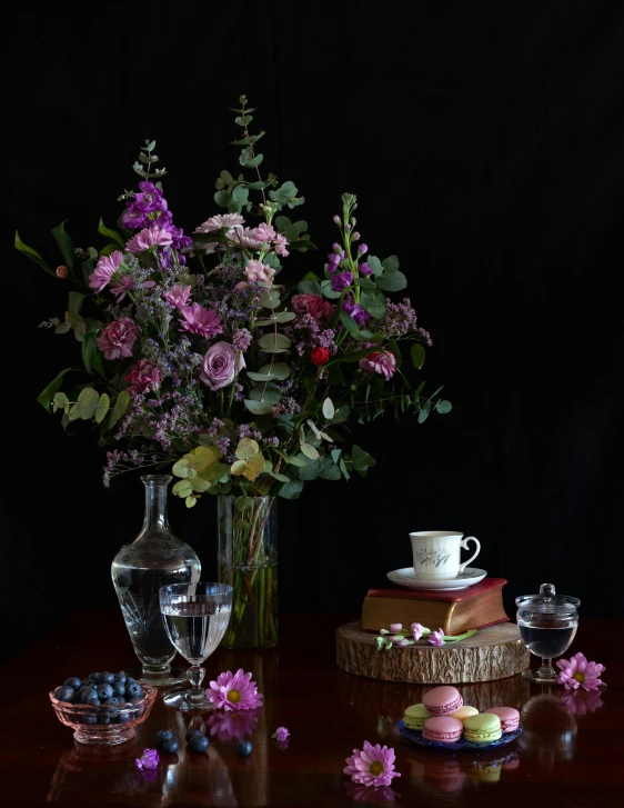 a vase of flowers sitting on top of a wooden table, inspired by Alexander Roslin, romanticism, more dark purple color scheme, product display photograph, press shot, detail shot