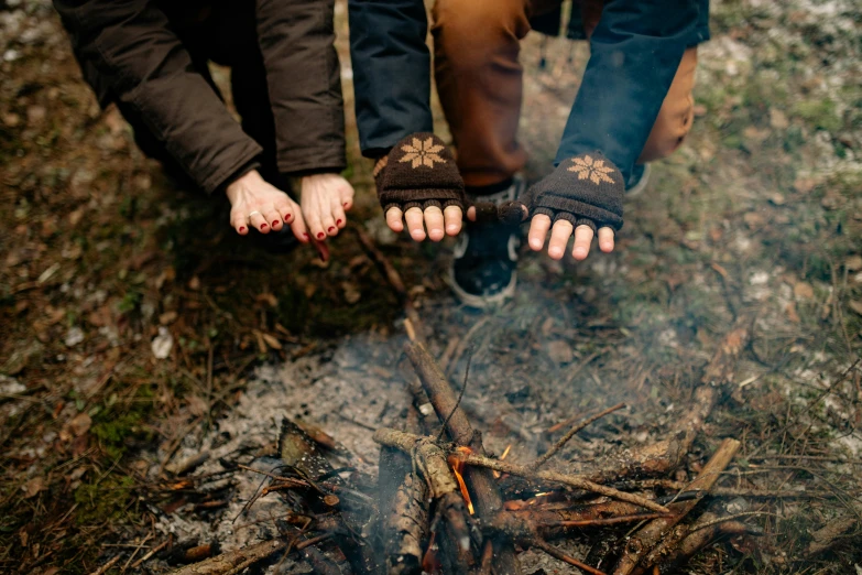 two people roasting marshmallows over a campfire, by Emma Andijewska, pexels, fingerless gloves, brown, print ready, hiking clothes