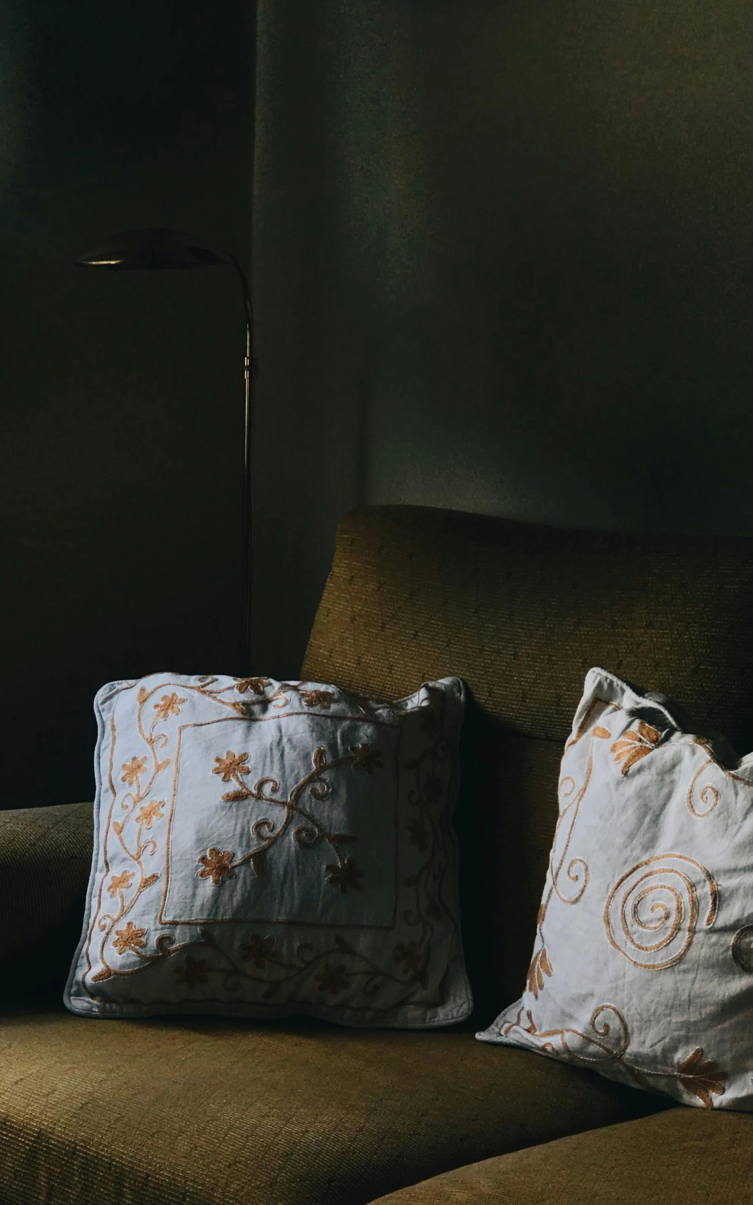 a brown couch sitting in a living room next to a window, inspired by Elsa Bleda, pexels, light and space, embroidered robes, low quality photo, throw pillows, lit up in a dark room