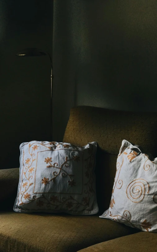 a brown couch sitting in a living room next to a window, inspired by Elsa Bleda, pexels, light and space, embroidered robes, low quality photo, throw pillows, lit up in a dark room