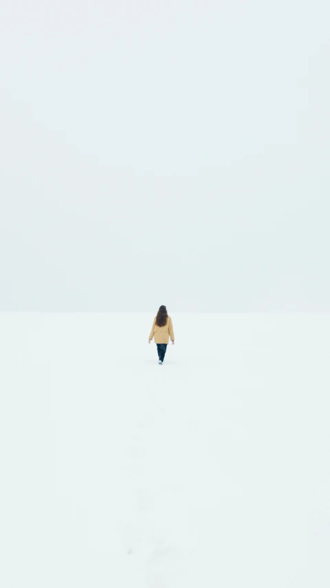 a person walking across a snow covered field, postminimalism, female explorer mini cute girl, trending on saatchi art, 6 k, perfect symmetrical image