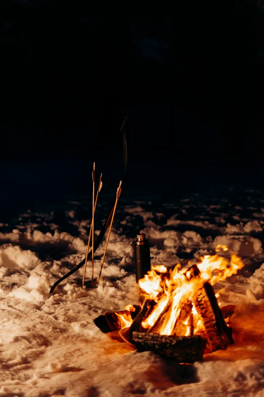 a person standing next to a fire in the snow, at a campfire at night, al fresco, at night time, night-time