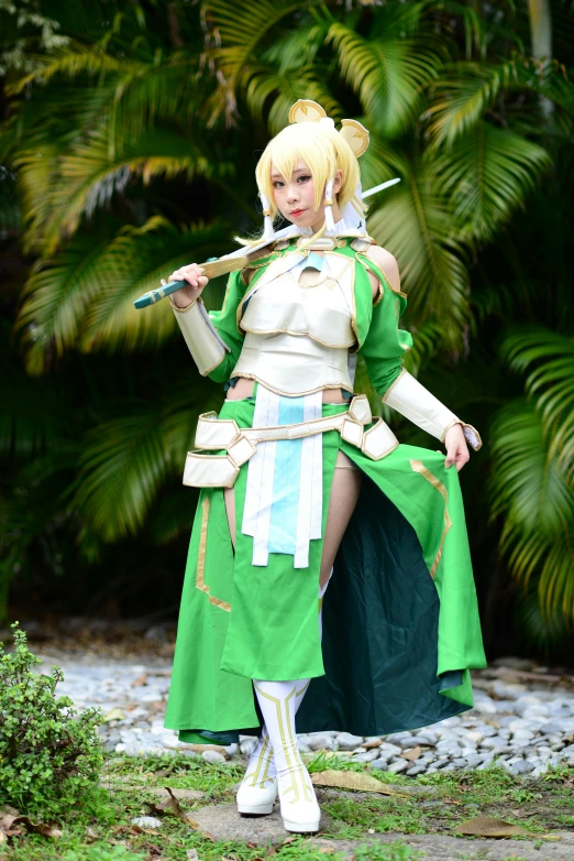 a woman in a green and white outfit holding a sword, anime convention, gold and green, large)}], outdoor photo