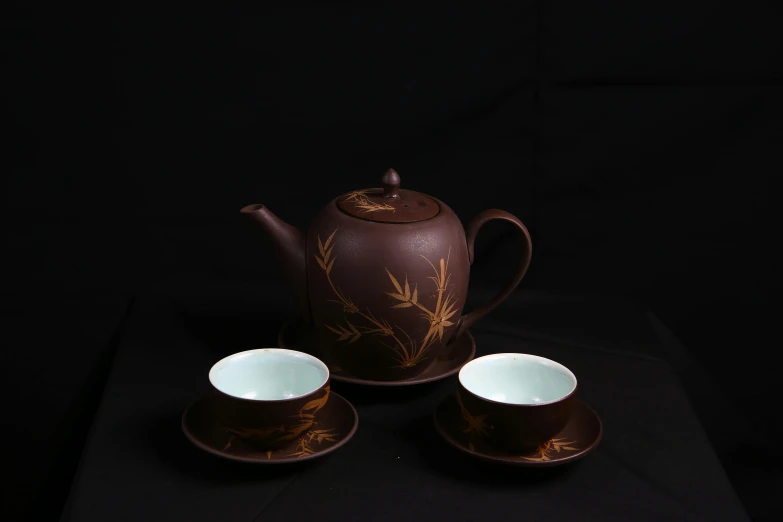 a tea pot and two cups on a table, a portrait, by Hendrik Gerritsz Pot, mingei, jean giraud 8 k, qing dynasty, brown, mint