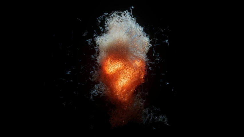 a close up of an orange substance on a black background, by Adam Marczyński, generative art, underwater explosion, nadav kander, muzzle flash, the fire is made of binary code