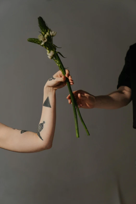 a woman holding a flower next to a man, a tattoo, by Anna Füssli, unsplash, aestheticism, ikebana, arms extended, lesbians, ignant