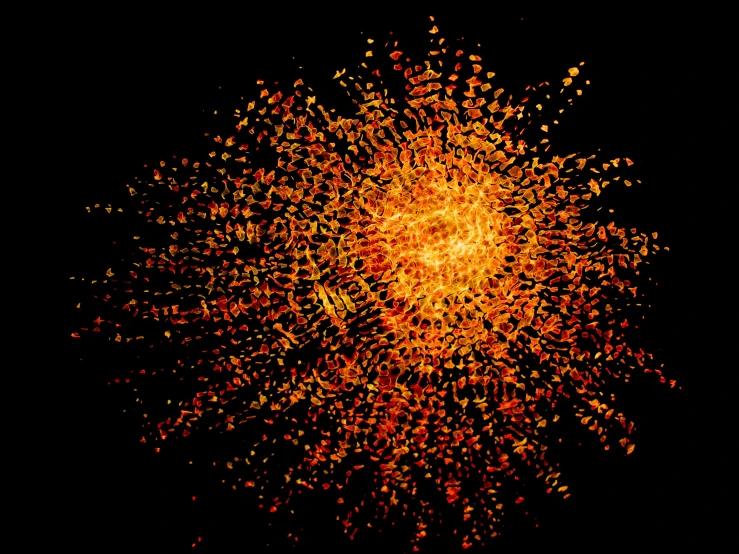 a firework is lit up in the dark, a digital rendering, by Caroline Mytinger, kinetic pointillism, glowing hot sun, orange electricity, complex system of order, very coherent image