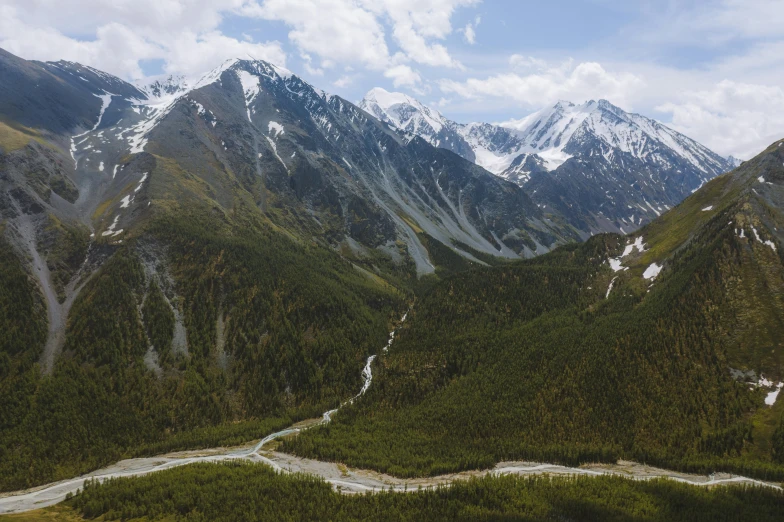an aerial view of a winding road in the mountains, by Alexander Runciman, unsplash contest winner, hurufiyya, alaska, mountains river trees, 000 — википедия, distant rocky mountains