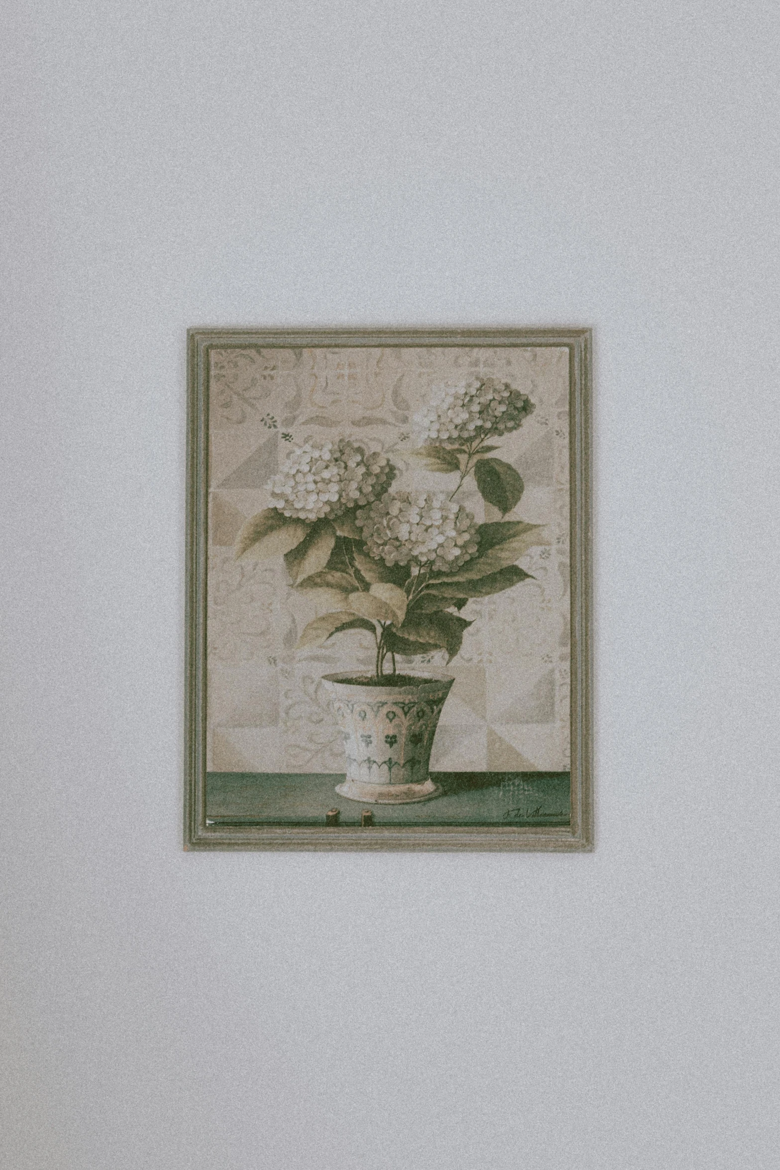 a picture of a vase of flowers on a table, poster art, inspired by Alexander Roslin, visual art, an isolated hydrangea plant, stippled walls, card frame, made of all white ceramic tiles