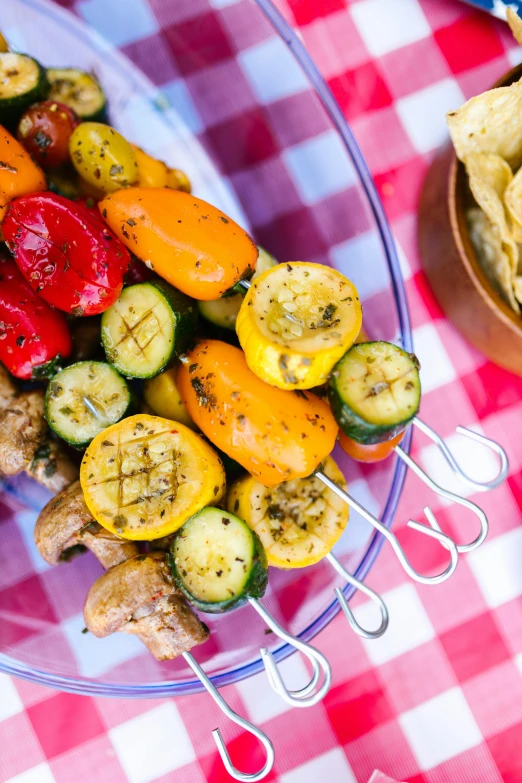 a close up of a plate of food on a table, campy and colorful, grill, pops of color, 4l