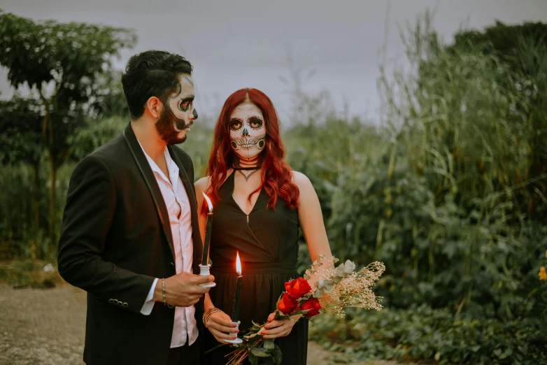 a man and a woman standing next to each other, pexels contest winner, international gothic, ( el dia los muertos ), romantic, avatar image, instagram picture