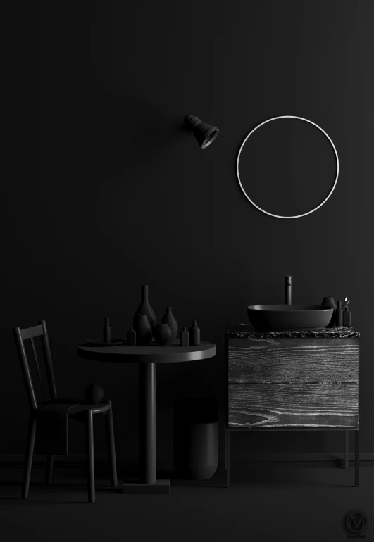 a black and white photo of a table and chairs, a 3D render, by Anita Malfatti, unsplash contest winner, conceptual art, modern bathroom, vantablack wall, black jewellery, sink