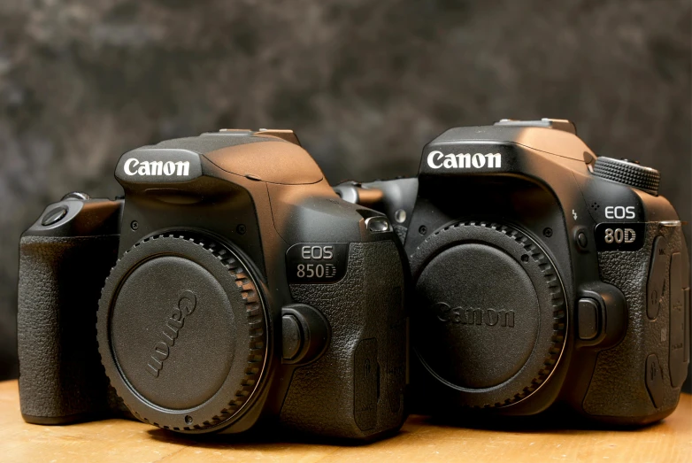 a couple of cameras sitting on top of a wooden table, by Carey Morris, unsplash, canon eos 6d, high detail!!! 8 k, panoramic, ecommerce photograph