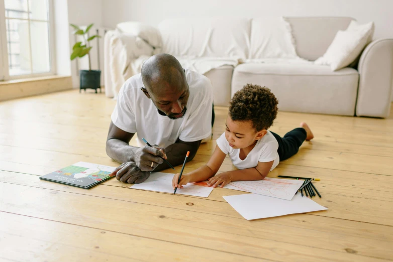 a man sitting on the floor with a small child, a child's drawing, pexels contest winner, black man, scientific study, sharpie, picture book