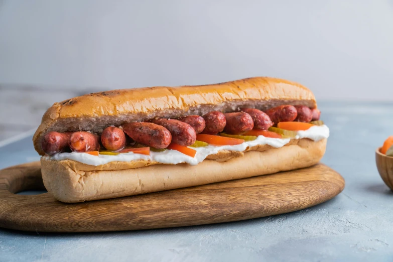 a hot dog sitting on top of a wooden cutting board, by Edward Avedisian, pexels contest winner, bauhaus, on a gray background, middle eastern, red velvet, subway