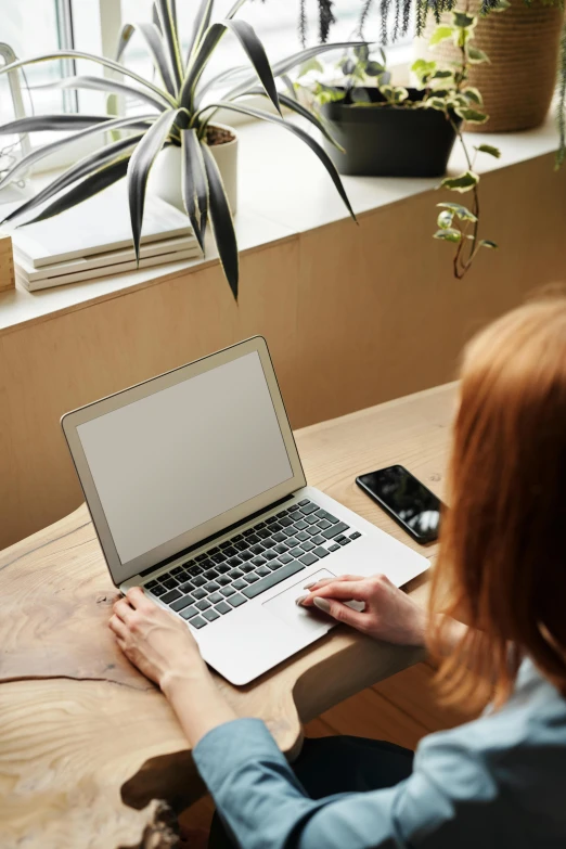 a woman sitting at a table using a laptop computer, trending on pexels, sustainable materials, back - shot, promo image, rounded corners