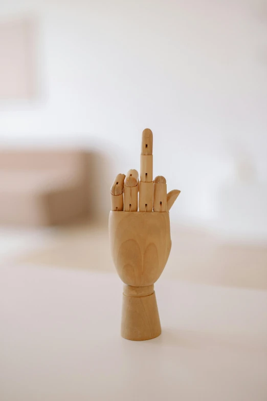 a wooden hand sitting on top of a table, pointed face, on a white table, pointing, at home