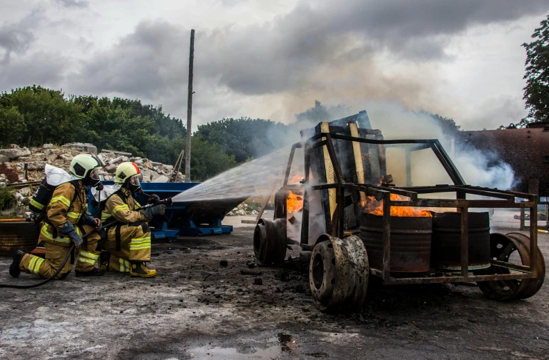 a group of firefighters putting out a fire, by Daniel Lieske, auto-destructive art, scrapyard, promo image, a wooden, multiple stories