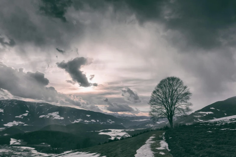 a lone tree sitting on top of a snow covered hill, pexels contest winner, renaissance, dark clouds in the distance, instagram photo, the middle of a valley, dramatic lightin