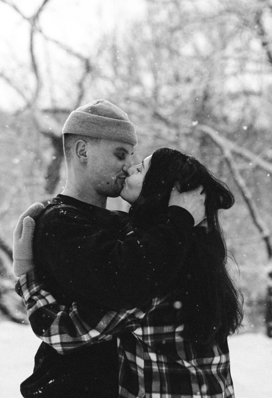 a man and woman kissing in the snow, a black and white photo, lil peep, thomas danthony and malika favre, kaitlyn michelle siragusa, a cozy