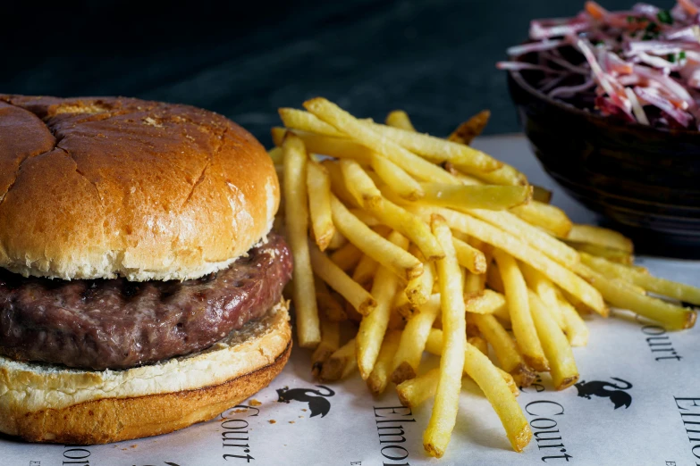 a hamburger and fries on a table with a bowl of coleslaw, a portrait, by Julian Hatton, unsplash, very smoky paris bar, stars on top of the crown, the cheshire cat, thumbnail