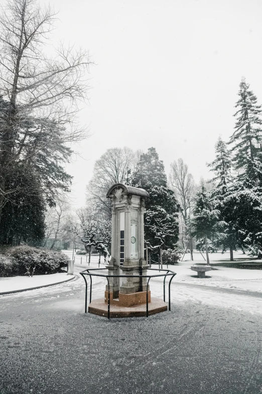 a clock tower sitting in the middle of a snow covered park, by Alessandro Allori, graffiti, gardens and fountains, pedestal, white background, alessio albi