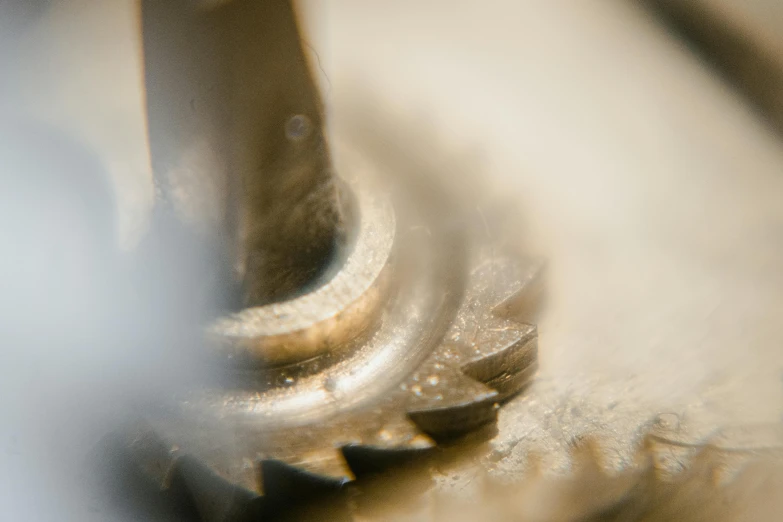 a close up of a metal object on a table, a macro photograph, by Daniel Seghers, unsplash, ((gears)), hd footage, faded and dusty, brown