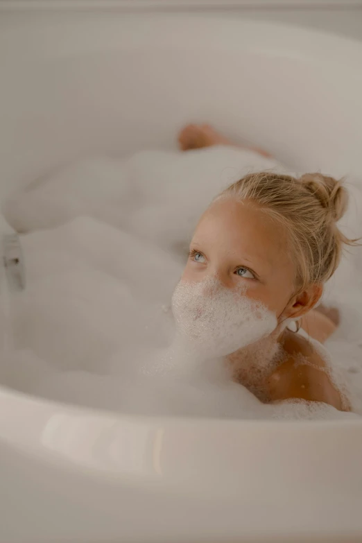 a little girl taking a bubble bath in a bathtub, by Daniel Seghers, pexels contest winner, manuka, crisp clean shapes, teenage girl, foam