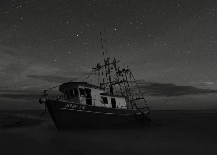 a black and white photo of a boat in the water, by Doug Wildey, pixabay contest winner, conceptual art, under the stars, fishing, sad look, night time render