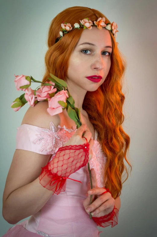 a woman with long red hair wearing a pink dress, inspired by Pierre Auguste Cot, art nouveau, katherine mcnamara inspired, cosplay photo, red bra, dressed in a frilly ((lace))