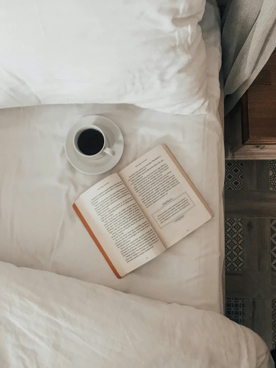 an open book sitting on top of a bed next to a cup of coffee, pexels contest winner, romanticism, full-body, novel cover, trending on vsco, 15081959 21121991 01012000 4k