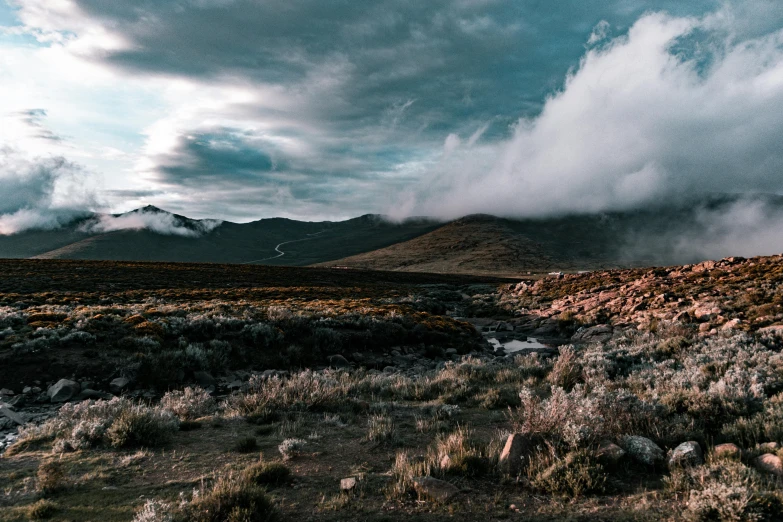 a field of grass with mountains in the background, by Lucas Vorsterman, pexels contest winner, hurufiyya, pink and grey clouds, rocky roads, extreme panoramic, detailed atmospheric and gritty