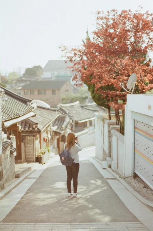 a woman is walking down a narrow street, inspired by jeonseok lee, trending on unsplash, tiled roofs, autum, girl standing on mountain, backview