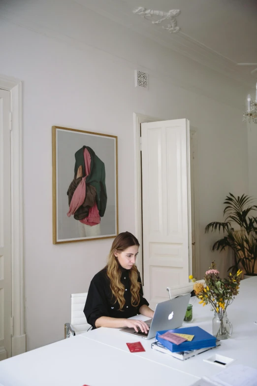 a woman sitting at a table working on a laptop, by Sara Saftleven, arbeitsrat für kunst, high-quality photo, art decos, in white room, indoor picture