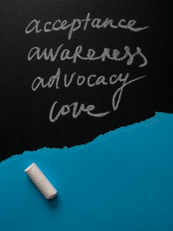 a chalkboard with the words acceptance, awareness, and advocacy written on it, deep love, cyan, rip and tear, profile image