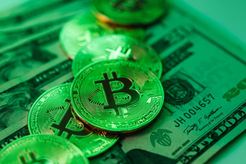 a pile of bitcoins sitting on top of a pile of money, by Meredith Dillman, glowing green, 1 petapixel image, high quality product image”, thumbnail
