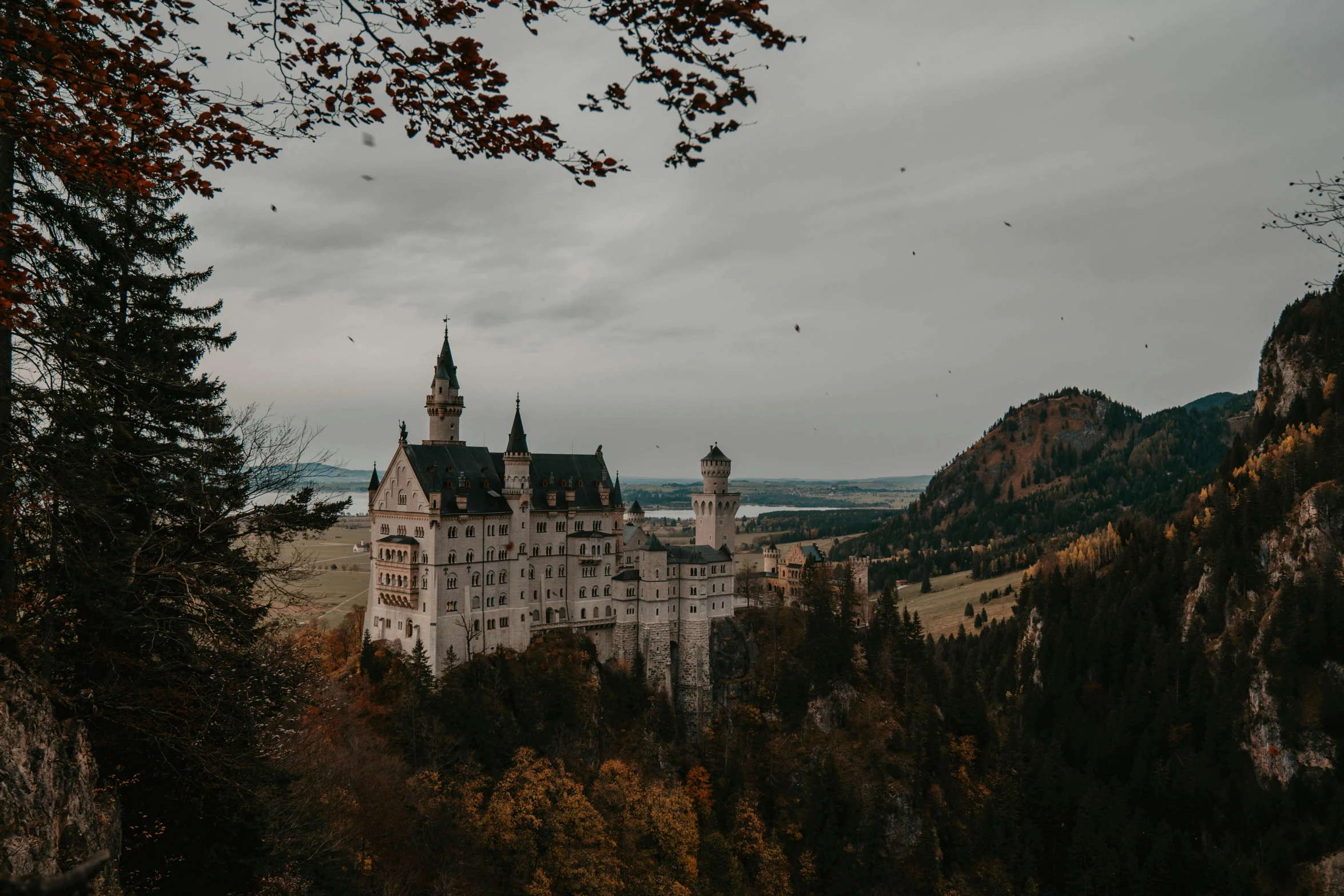 a castle sitting on top of a lush green hillside, by Sebastian Spreng, unsplash contest winner, art nouveau, 🍂 cute, octoberfest, grey forest in the background, thumbnail