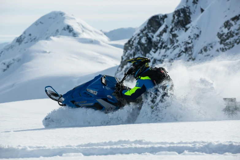 a man riding a snowmobile down a snow covered slope, pexels contest winner, blue glacier, thumbnail, pbr, high resolution photo