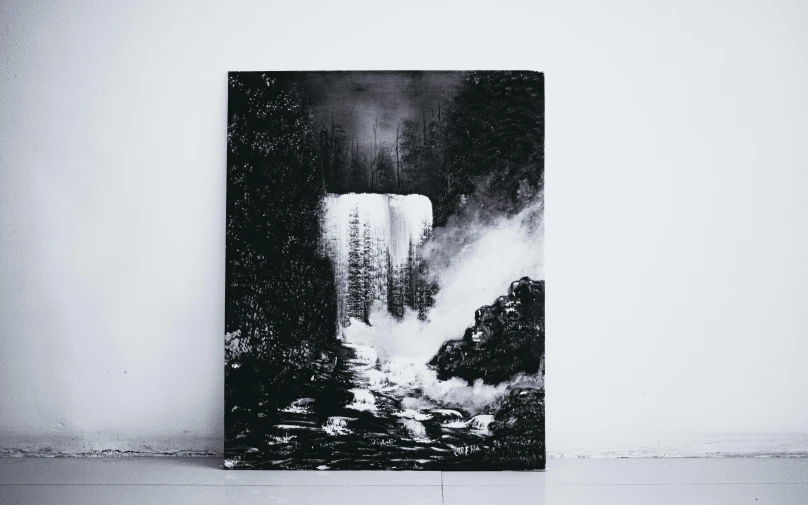 a black and white photograph of a waterfall, a painting, unsplash contest winner, fantasy acrylic on canvas, forest, unfinished canvas, high quality portrait