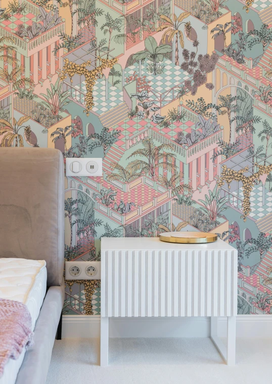 a bed room with a neatly made bed, inspired by Anna Boch, maximalism, high-quality wallpaper, close up details, pastel colourful 3 d, multicolored