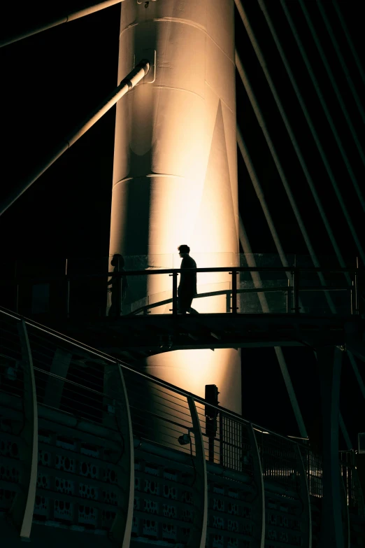 a person walking across a bridge at night, by Tobias Stimmer, standing on the mast, in the shadows, structural, on ship