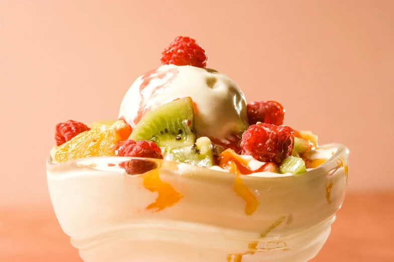 a close up of a bowl of fruit and ice cream, lush paradise, raspberry, dynamic shot, chiffon