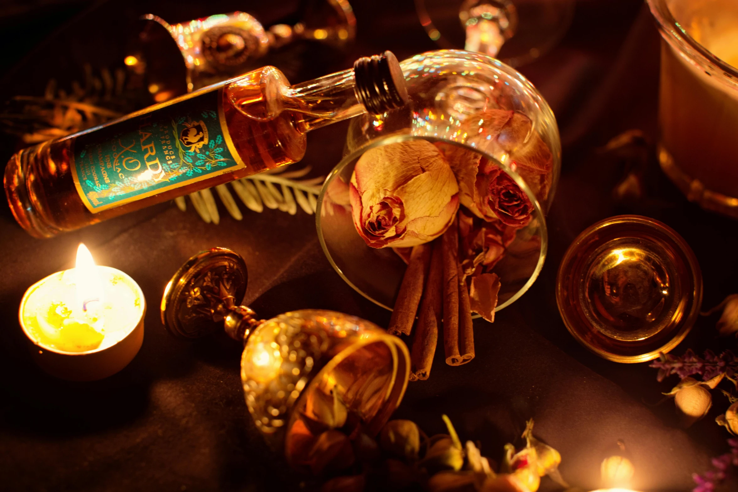 a bottle of alcohol sitting on top of a table, a still life, pexels contest winner, renaissance, gold and teal color scheme, ayahuasca ceremony, brown, thumbnail