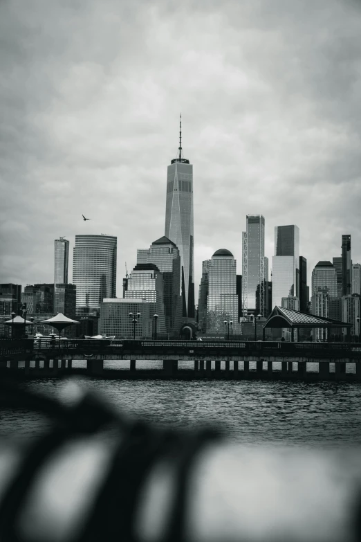 a black and white photo of a city skyline, by Thomas Fogarty, pexels contest winner, on liberty island, desaturated color, city of industry, buildings