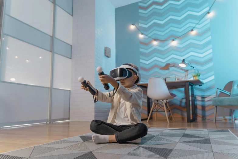 a little girl sitting on the floor playing with a video game controller, a hologram, by Adam Marczyński, pexels contest winner, interactive art, photograph of 3d ios room, avatar image, wearing a headset, professional 3d render