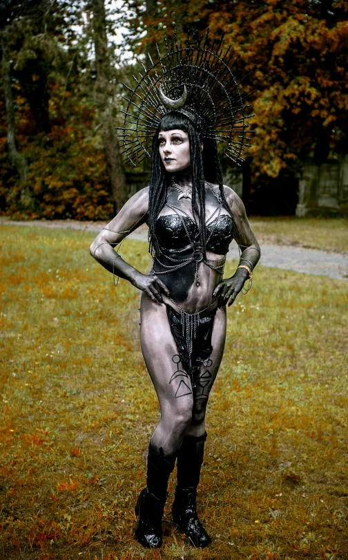 a woman that is standing in the grass, an airbrush painting, inspired by Brom, intricate latex set, full body with costume, photograph taken in 2 0 2 0, singularity sculpted �ー etsy