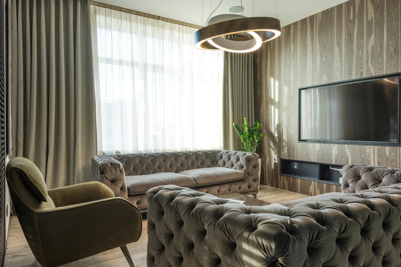 a living room filled with furniture and a flat screen tv, inspired by Emilio Grau Sala, trending on cg society, neo kyiv, chesterfield, award winning lighting, high-quality wallpaper