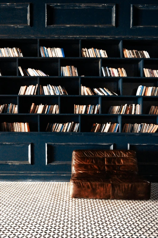 a chair sitting in front of a bookshelf filled with books, prussian blue and raw sienna, leather couches, 2019 trending photo, reza afshar