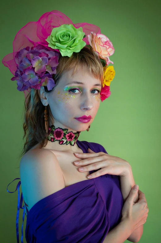 a woman in a purple dress with flowers on her head, an album cover, inspired by Alberto Seveso, renaissance, ((portrait)), day-glo colors, photograph taken in 2 0 2 0, ukrainian girl