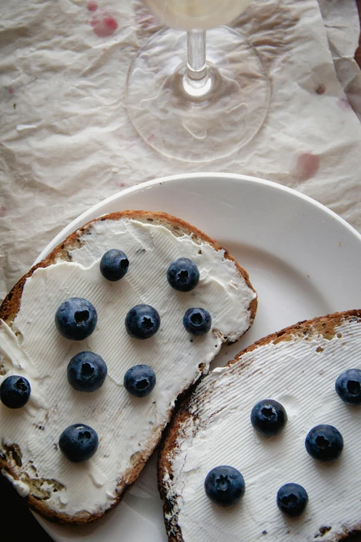 a white plate topped with toast and blueberries, pexels contest winner, renaissance, white freckles, italy, chilean, 2010s